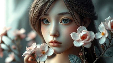 Naklejka premium A contemplative young woman, adorable and cute, with charming features, delicately posing with blooming flowers in soft light, sculpted in clay, modeled shapes, textured surface, gentle color contrast