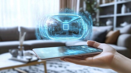Hand holding a smartphone displaying a holographic car.