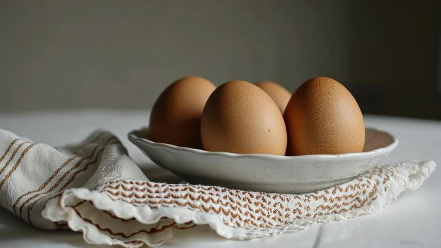Brown eggs arranged neatly on a white dish with a textured kitchen towel nearby during soft morning light
