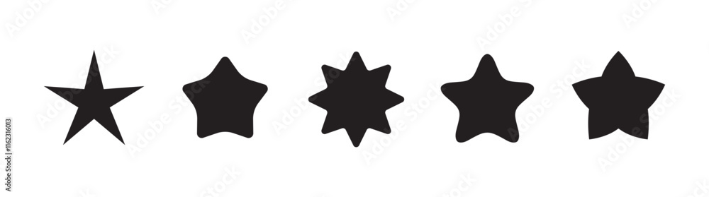 Poster set of five black star shapes with different designs in a horizontal row on a white background. mini