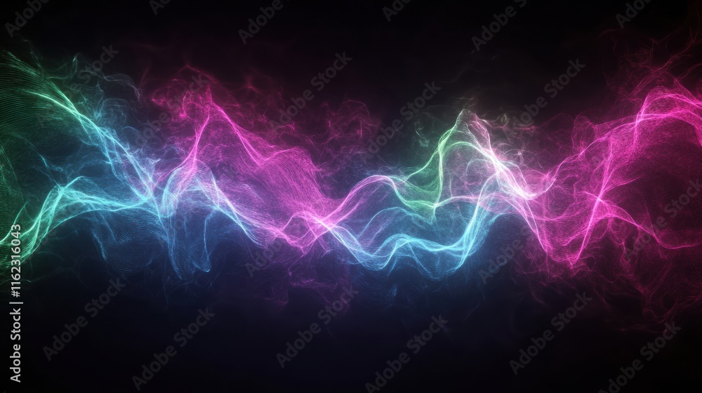 Poster pulsating neon light waves create a mesmerizing visual display in a dark environment. generative ai
