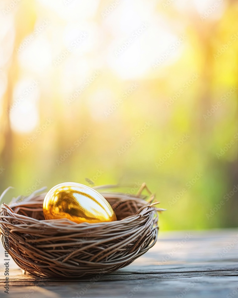 Poster golden egg nestled in a wicker basket illuminated by soft natural light