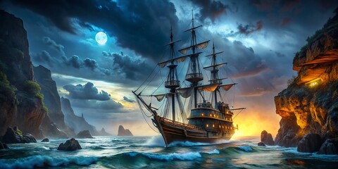 Obraz premium Dark Pirate Ship Cliffs Night Sea AI Art, Spooky Atmosphere
