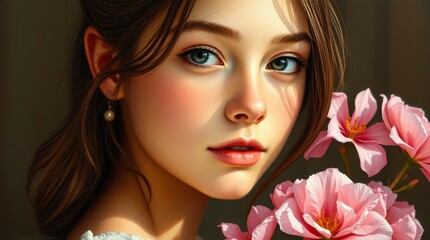 Fototapeta premium A contemplative young woman with adorable and cute charming features, delicately posing with blooming flowers in soft light, candid street photography, intense dramatic lighting, high contrast, urban 