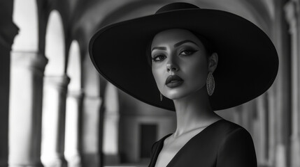 Elegant woman in large hat posing in historic courtyard
