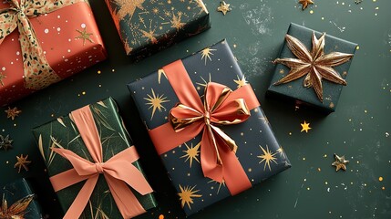 Elegant Christmas wrapping, vibrant papers, glowing bows, cheerful designs, cozy vibes, festive gifting.