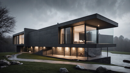Fototapeta premium Contemporary architecture house in dark and gloomy environment