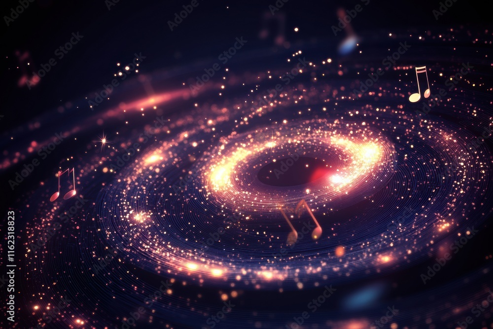 Poster 3D galaxy visualization of stars arranged in a spiral resembling a sound wave pattern with musical notes. Generative AI