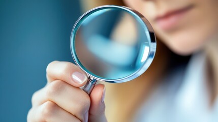 Close-up of a person using a magnifying glass, symbolizing investigation, curiosity, research, and detailed examination
