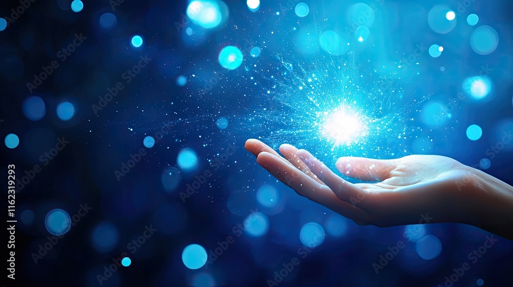 Aufkleber Creating Magic With Open Hands in a Cosmic Blue Realm of Light and Wonder