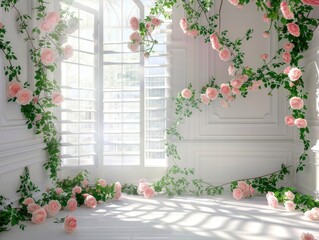 Pink Roses and White Room: A Serene Floral Scene