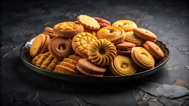 Delicious Cookies Dish on Black Background - High-Resolution Wallpaper