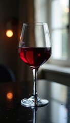 Full glass of ruby red wine sits on a high-gloss black table , ruby, still life