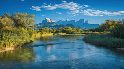 Fototapeta premium Scenic river landscape with mountains and blue sky.
