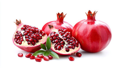 Fresh pomegranates showcasing vibrant red seeds on a white background