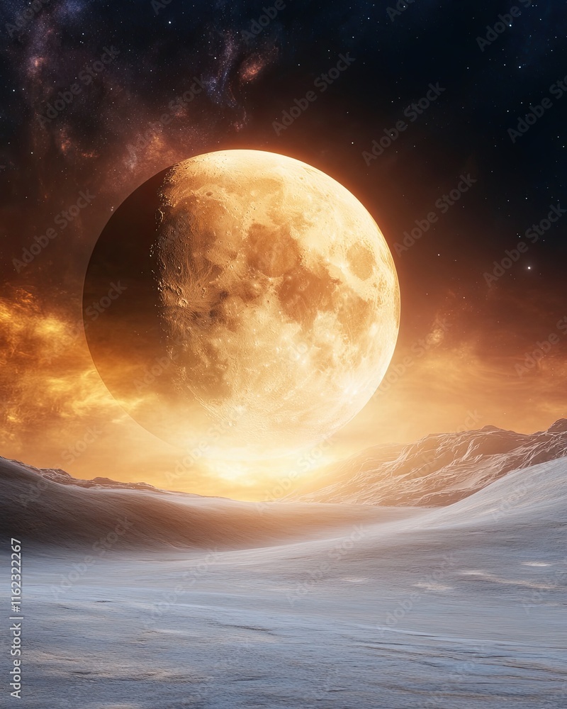 Poster exploring the captivating landscapes of mars under a mesmerizing golden moonlight