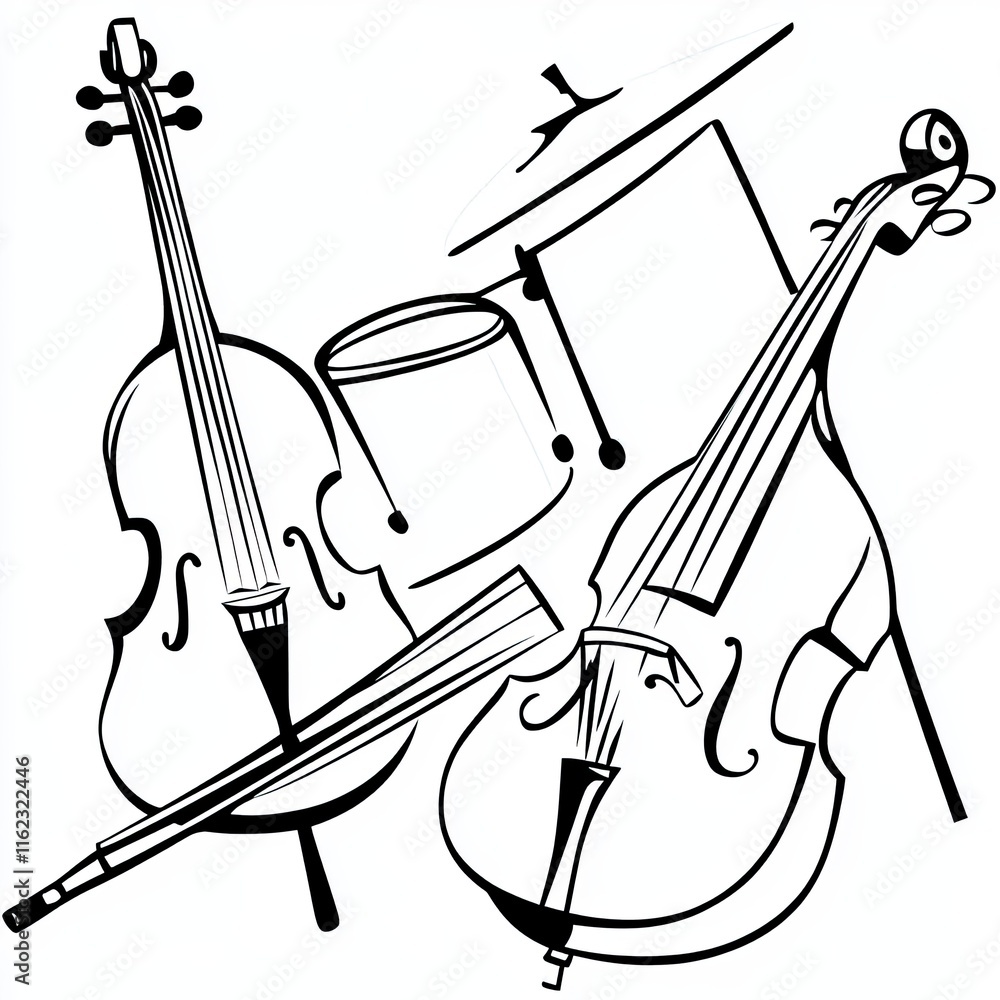 Aufkleber Exploring the Elegance of Line Drawings Showcasing Classical Musical Instruments in Artistic Harmony