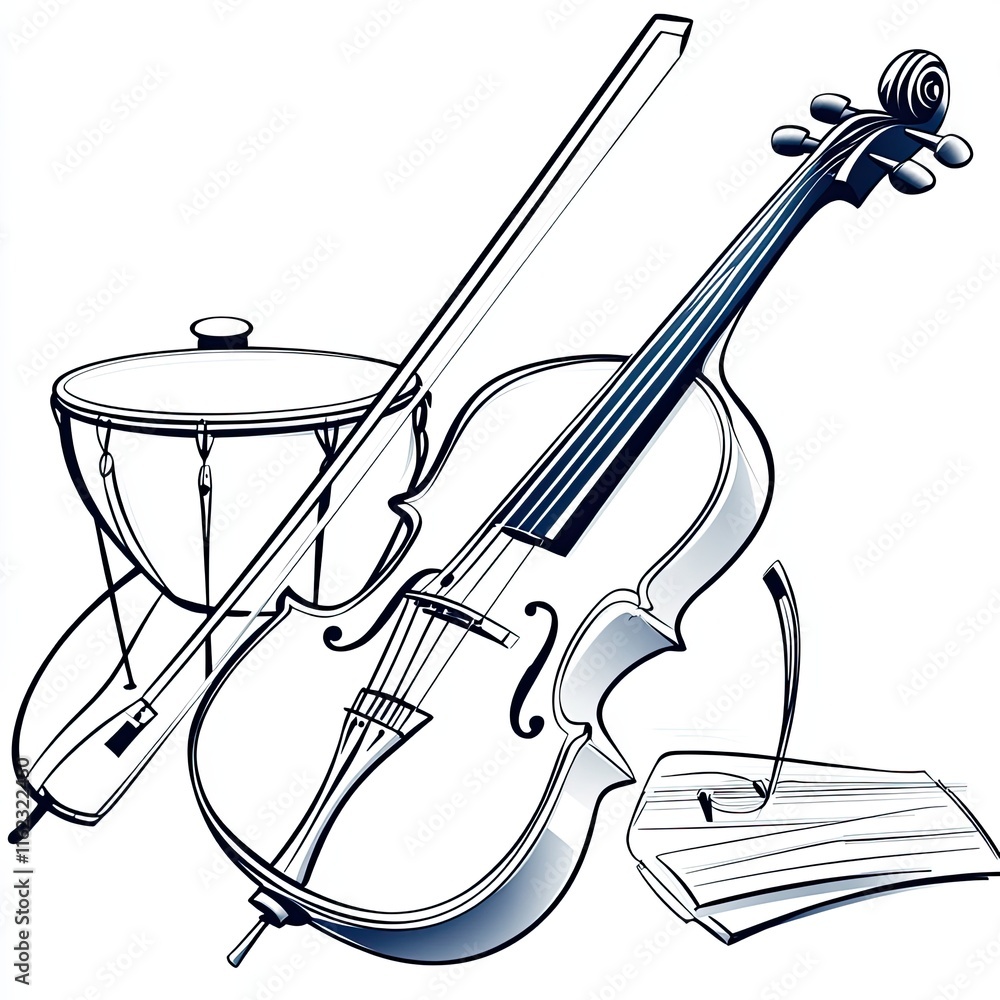 Poster classical musical instruments illustrated with elegance and charm in a playful line drawing style