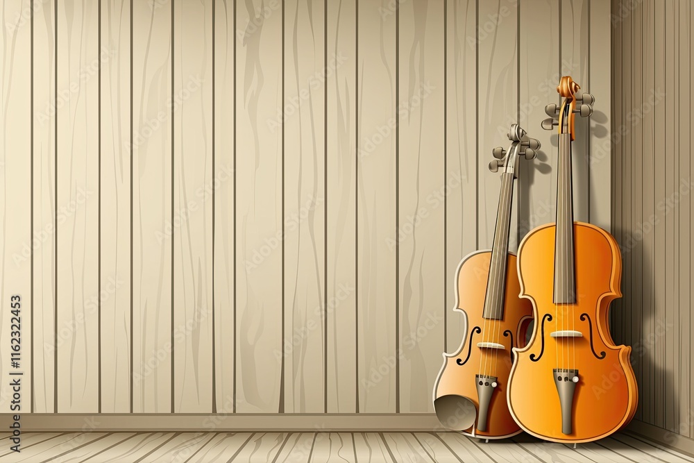 Poster elegant line drawings showcasing classical musical instruments in a serene wooden setting