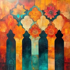 Oil Painting of Mughal Motifs with Abstract Geometric Forms, Perfect for Contemporary Wall Art Decor