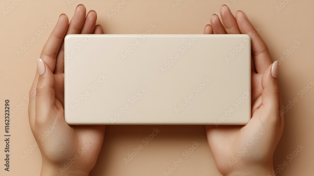 Poster hands holding a smooth, rectangular object on a neutral background.