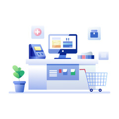 A flat illustration of shopping billing counter 