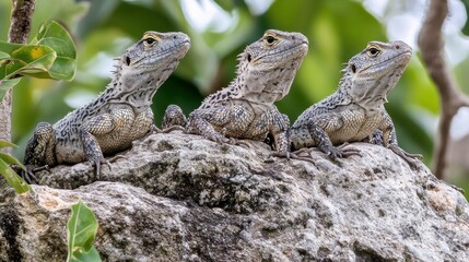Obraz premium Reptiles Sunbathing on Rocks in a Lush Jungle Setting