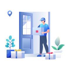 A flat illustration of a delivery man holding a package