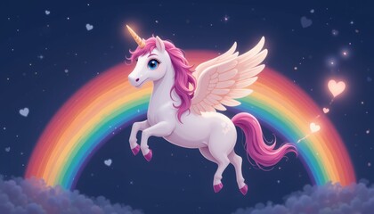 Magical winged unicorn soaring through a vibrant rainbow-lit sky filled with hearts