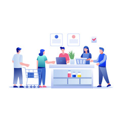 A flat illustration of a shopping checkout counter 