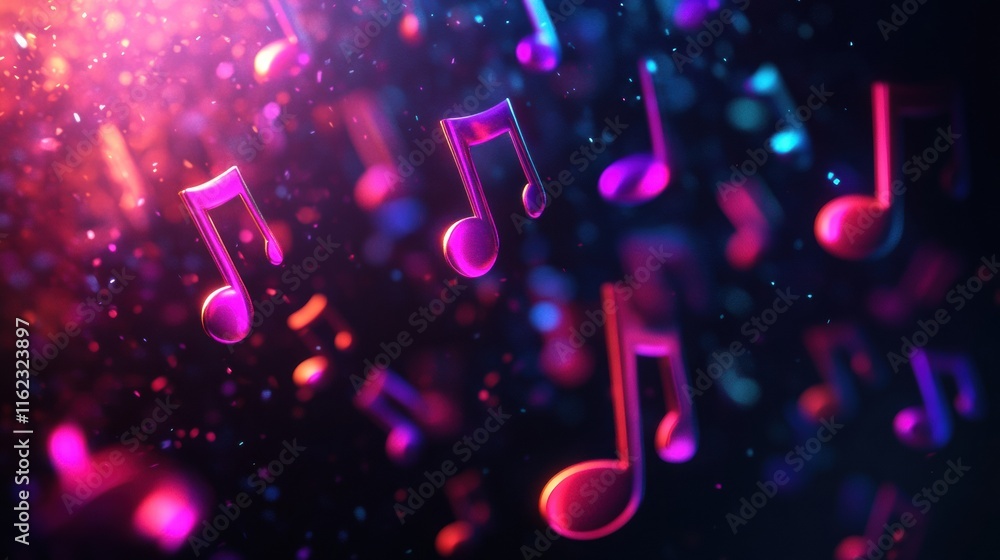 Leinwandbilder vibrant 3d music notes floating in a colorful abstract background with shimmering light effects. gen