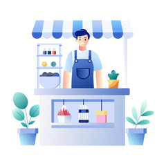 A flat illustration of a shopkeeper standing on a food stall