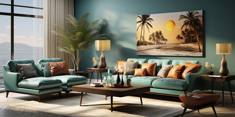 Fototapeta premium A modern living room with teal seating, orange accent pillows, and wooden furniture, complemented by a large window with a scenic ocean view and a tropical-themed wall art piece.
