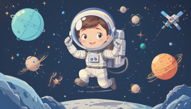Exploring the wonders of space with a cheerful little astronaut on a cosmic adventure