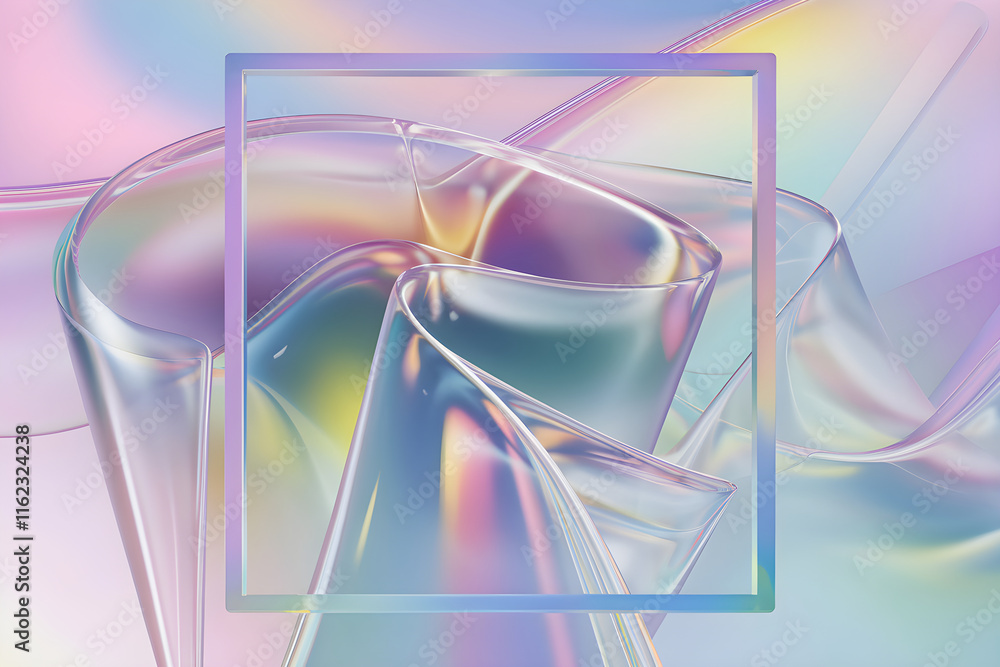 Poster abstract holographic iridescent fluid shapes with square frame: pastel colors background