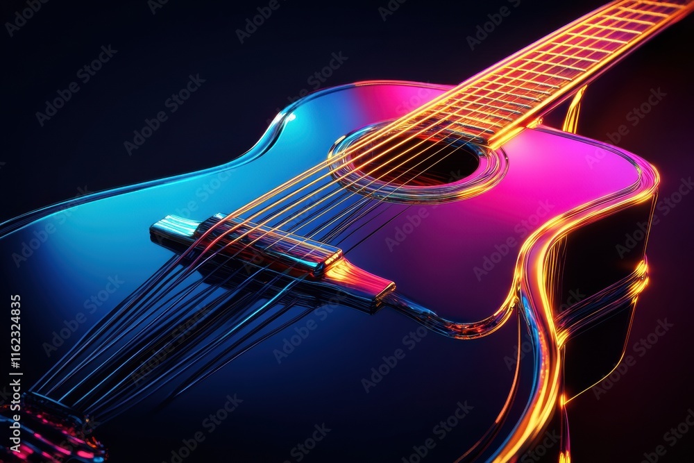 Poster Colorful 3D guitar with illuminated strings and vivid reflections in a dark setting highlighting musical artistry. Generative AI