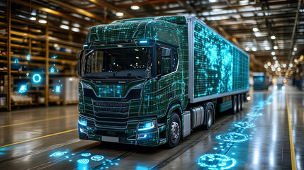 futuristic logistics scene featuring high tech truck in warehouse, showcasing digital elements and advanced technology. atmosphere conveys innovation and efficiency