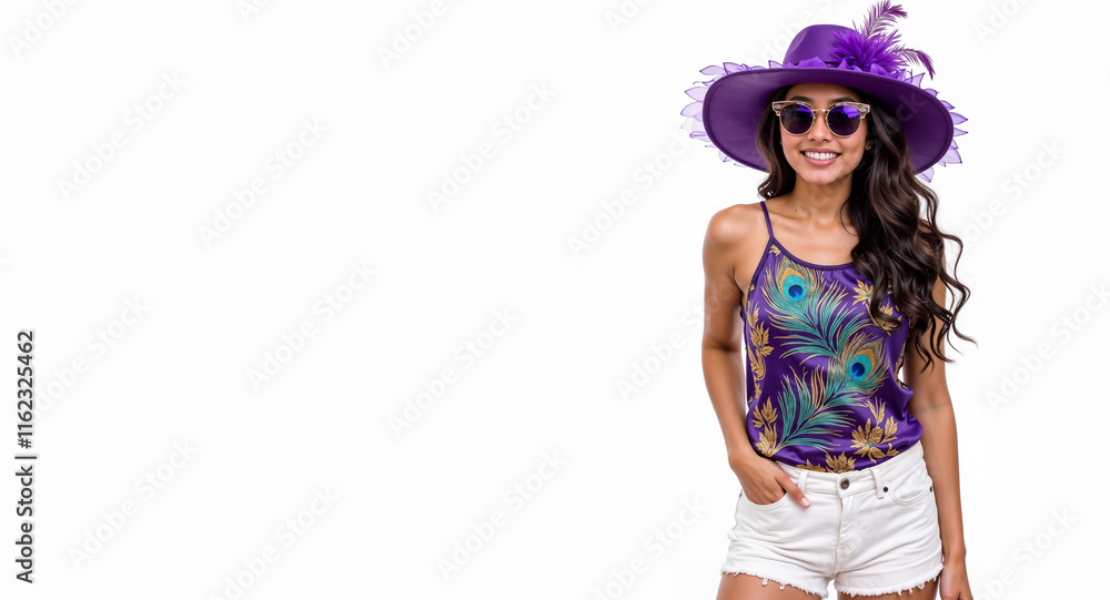 Wall mural Stylish young woman in purple hat and tropical print top smiling isolated on white background with copy space. Perfect for fashion blogs, summer catalogs and social media content