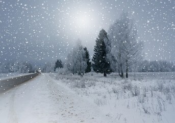 Snowy winter landscape, snowstorm scene  