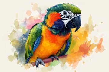 Colorful harlequin macaw parrot perching on branch with watercolor effect