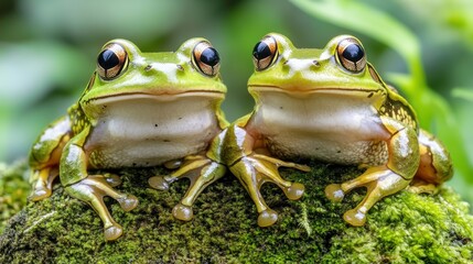 Naklejka premium Two Frogs on Mossy Rocks in Lush Jungle Setting
