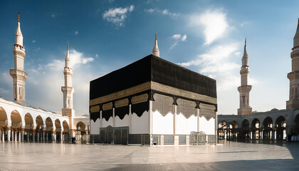 Mosque with a large black structure in the middle of makkah
