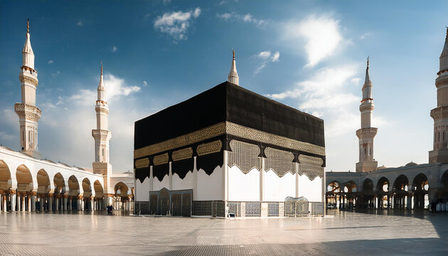 Mosque with a large black structure in the middle of makkah