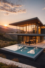 Fototapeta premium Contemporary architecture luxury house in the mountains during the sunset