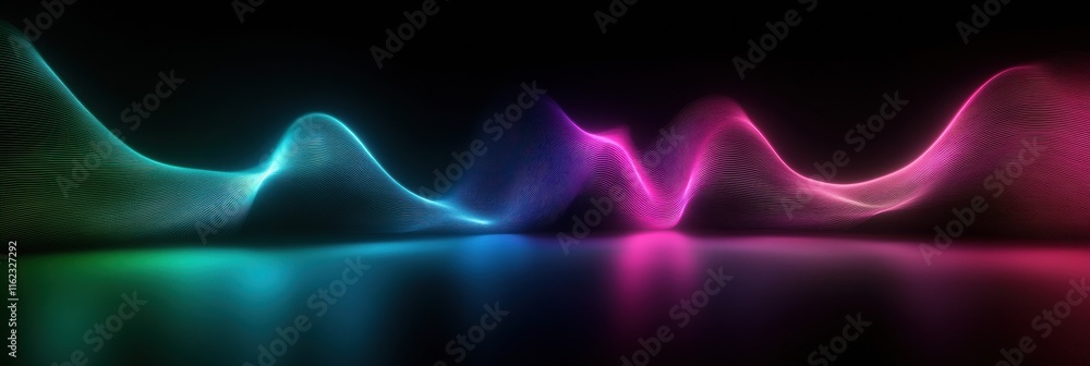 Fototapete 3D pulsating light waves creating a vibrant neon glow in a dark setting with dynamic motion effects. Generative AI
