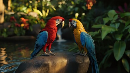 Fototapeta premium Vibrant Jungle Scene with Colorful Parrots