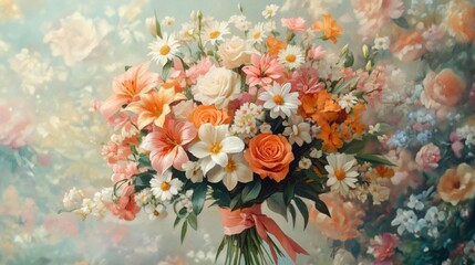 Bouquet of flowers with lilies, roses, daisies, and peach ribbon on soft floral background