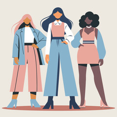 Fashionable vector flat illustration flat style, strong women stand together. Feminism concept gender equality protection of women's rights and freedoms