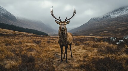 Fototapeta premium Impressive red deer standing in open field, full-body shot, majestic antlers visible, wildlife, nature, serene landscape, natural habitat, outdoor scene, animal portrait, vibrant colors,