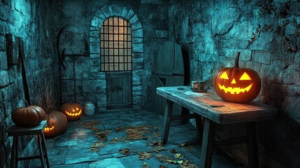 Halloween escape room, thrilling puzzles, eerie decor, glowing effects, vibrant props, spooky excitement.